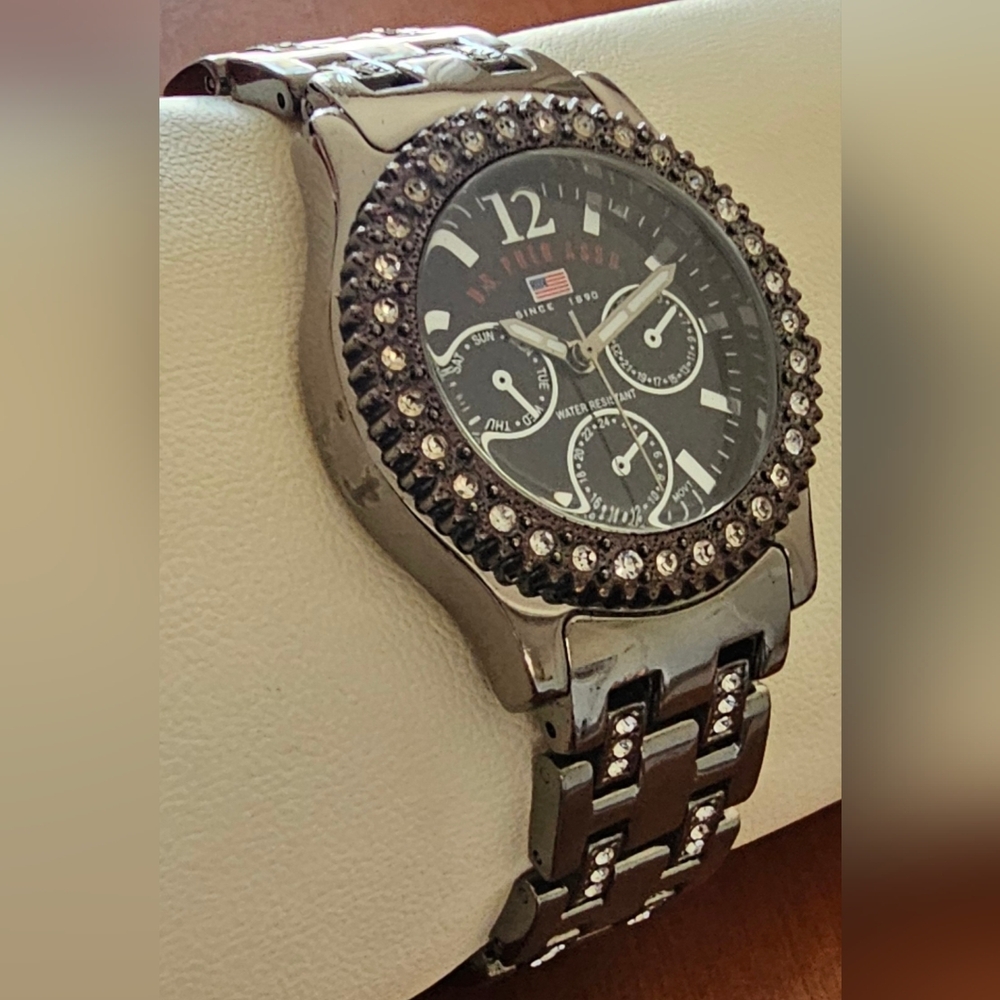 U.S. Polo Associate Women's Chronograph Watch Black Tone Rhinestones Works
